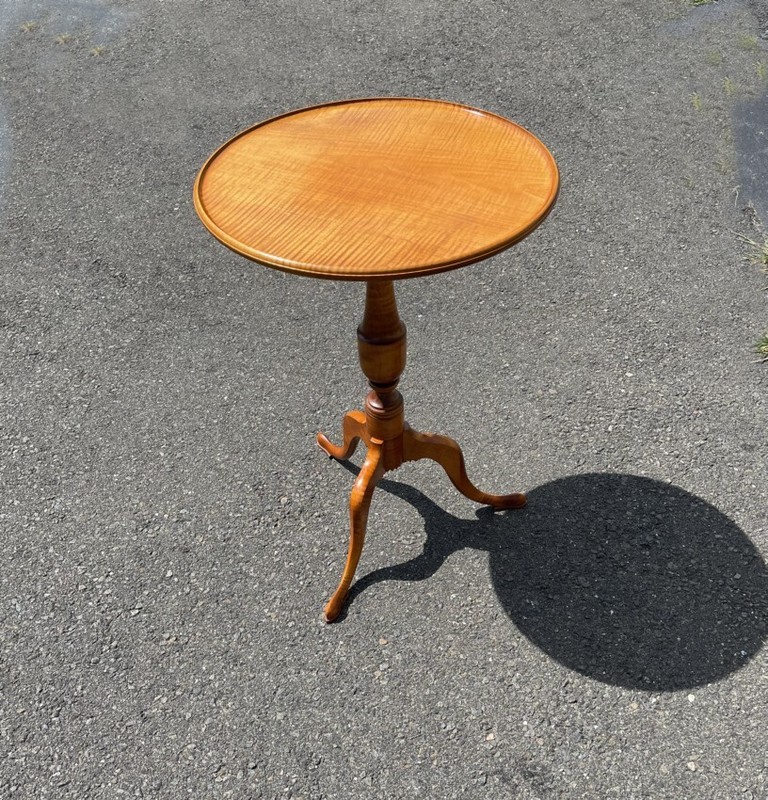 Hand crafted artisan Tiger maple candle stand w dish carved and molded tilt top
