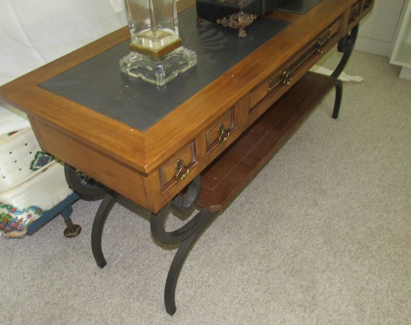 Oak Iron Base 3 Drawer Long Console with slate top gallery