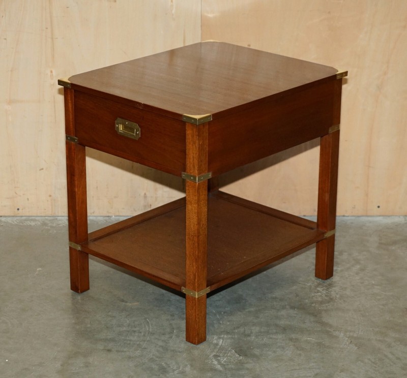 PAIR OF FULLY RESTORED HARRODS LONDON MILITARY CAMPAIGN SINGLE DRAWER SIDE TABLE gallery