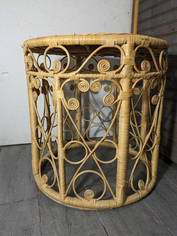 Vintage Boho Chic Wicker Rattan Peacock Spiral Round Drum Table Plant Stand gallery