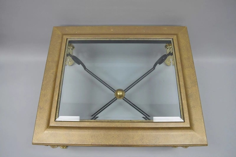 Regency Style Figural Swan Base Rectangular Iron and Glass Gold Coffee Table (A) gallery