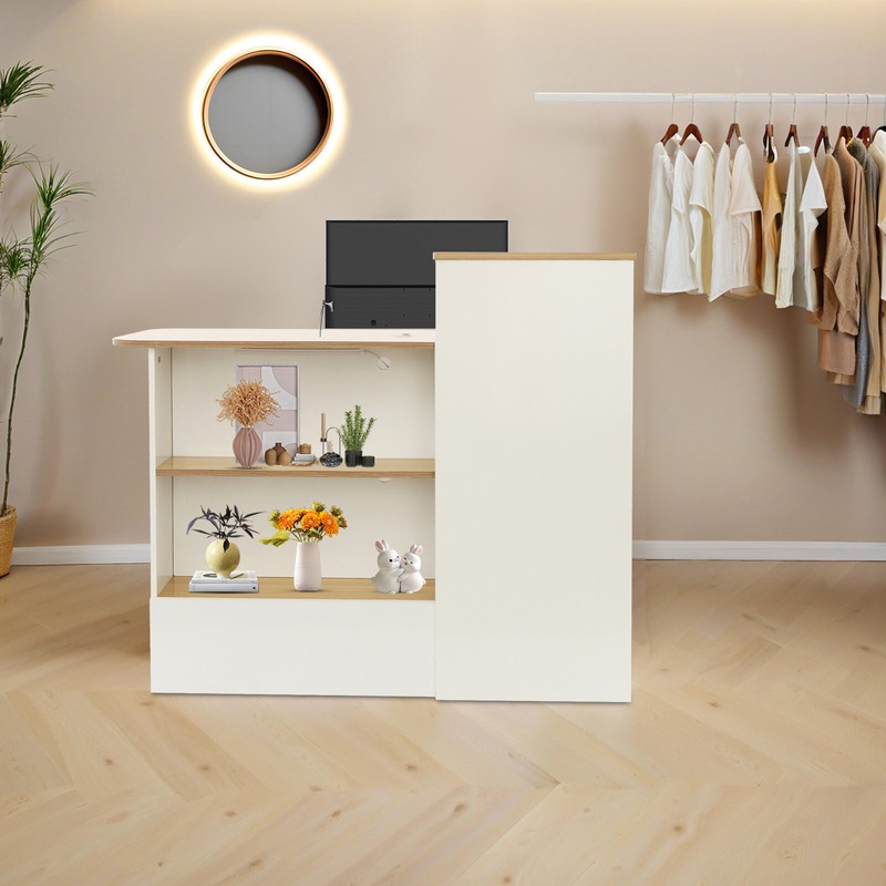 Modern Reception Desk 47.2in With Locking Drawer & Open Shelves Warm White Wood gallery
