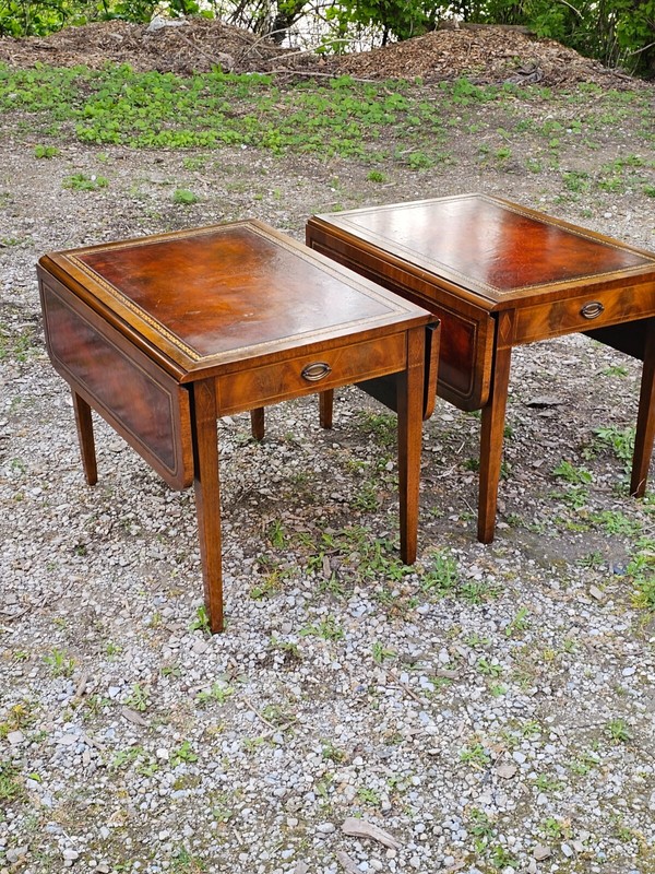 Antique Pembroke Double drop leaf leather top end table Pair by Weiman gallery