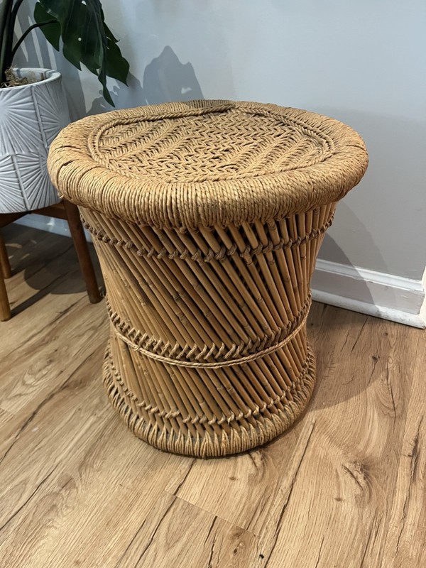 Vintage Mid-Century Pencil Reed Rattan & Rope Stool Side Table gallery