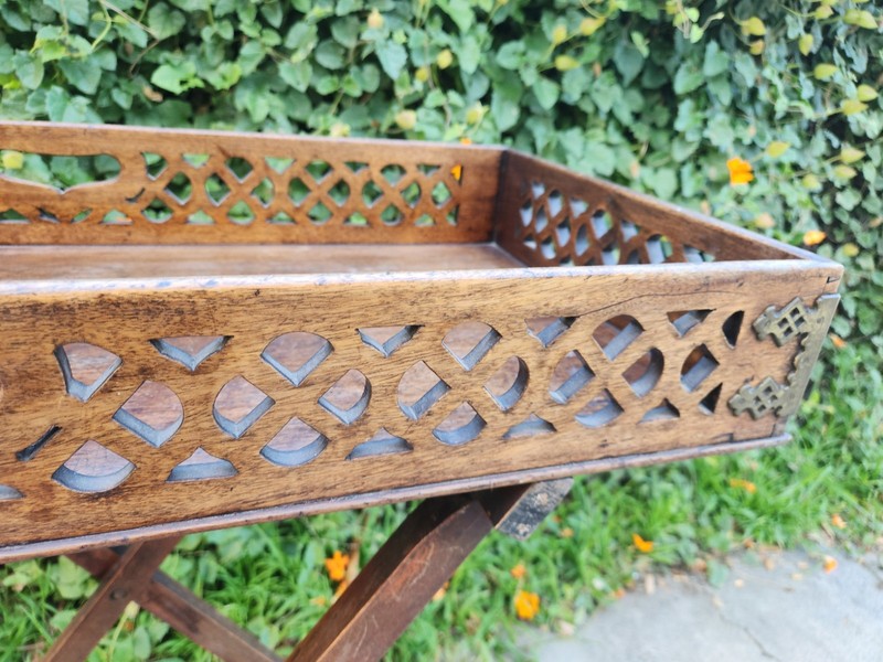 Vintage Wooden Butler Tray Table Folding Stand Pierced Gallery Brass Corners gallery