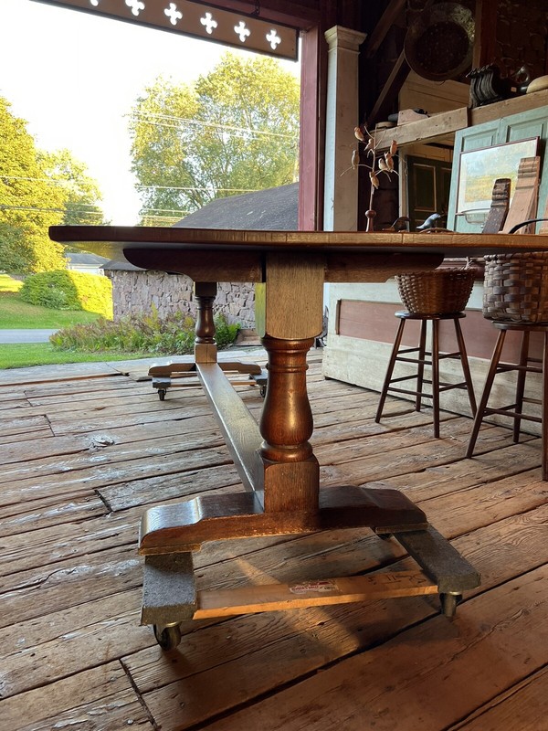 c1900 massive oak Trestle style table gorgeous patina 10’ l X 38.25” w x 29.5”h gallery