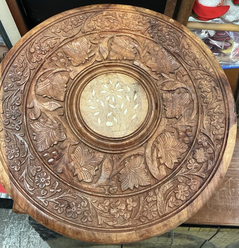 Large Vintage India Hand Carved Moroccan Wood Side Table