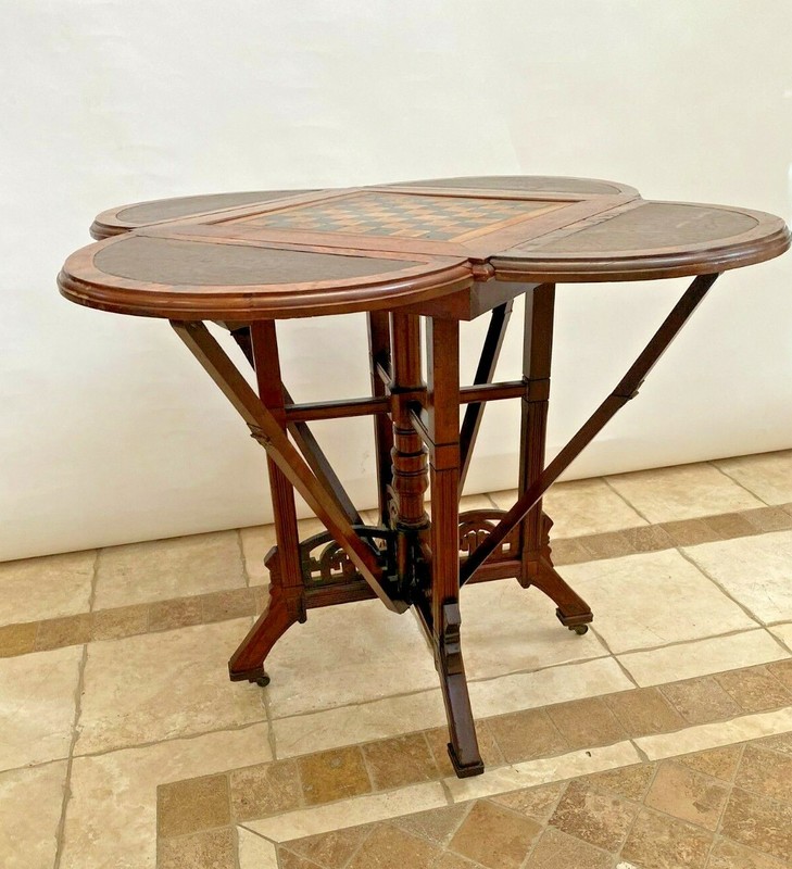 Antique Game Card Table East Lake Victorian George Hess 1876 Drop Sides Mahogany gallery