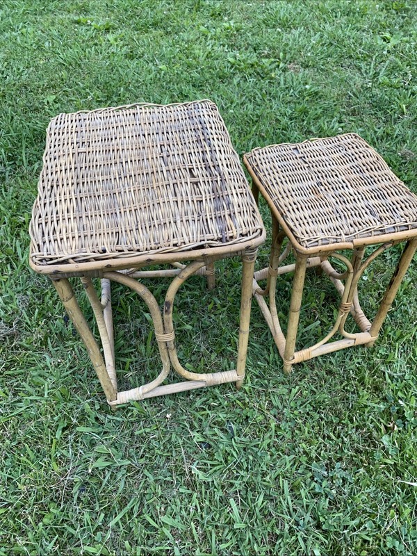 Very Bamboo Rattan Wicker Side NestingTable Rattan Stool Wicker Stand Lot 2 gallery