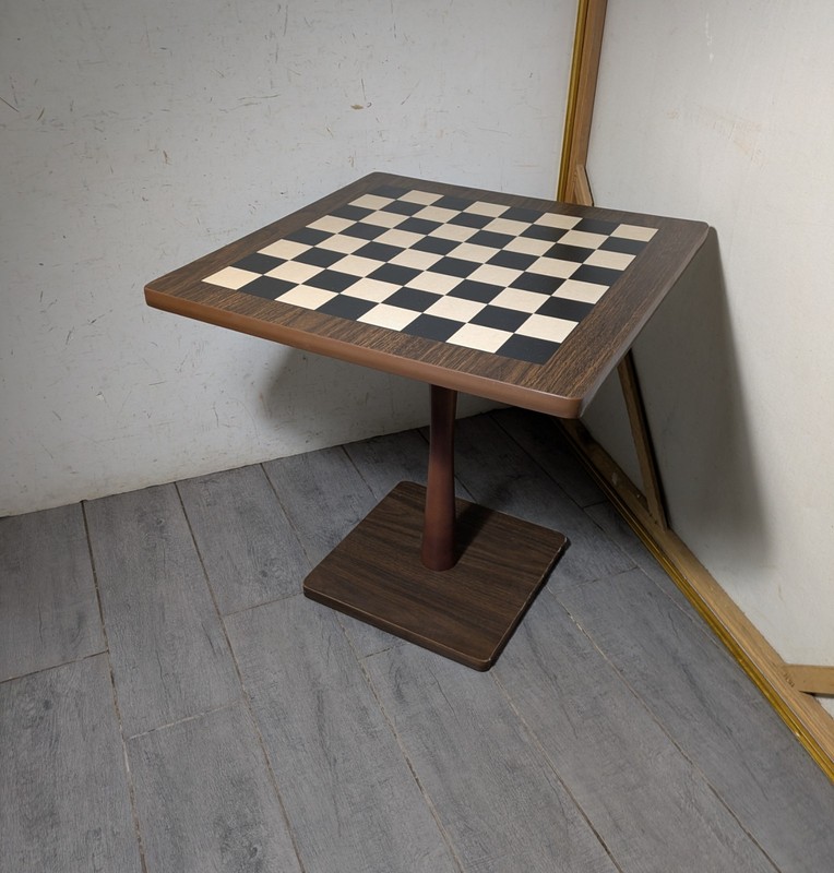 Vintage Mid Century Modern Chess Checkers Game Board Pedestal Table Wood K89
