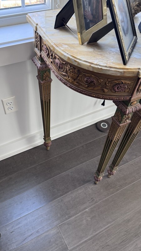 Antique Louis XVI Style Console Table, marble top over an ornate giltwood frame gallery