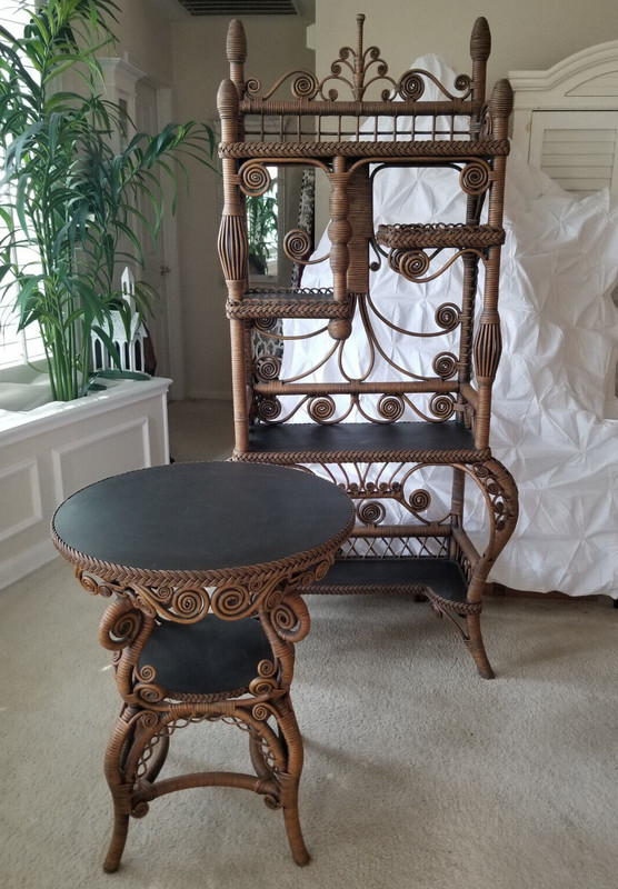 Set Antique Wicker Etagere ~ Victorian ~ Cabriole Legs~Round Side Table gallery