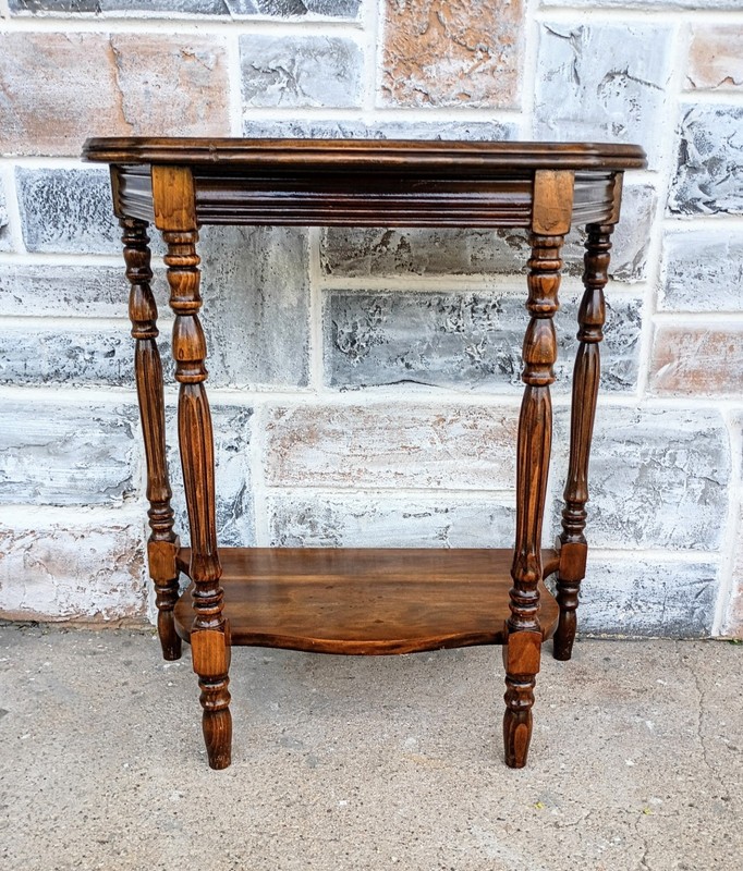 Vintage 2 Tier Scalloped Waterfall Style Inlaid Wood Walnut? Side Table gallery