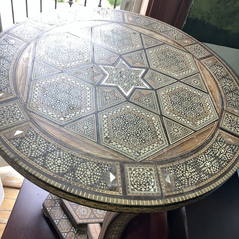 Rare Antique c.1920 Moorish Inlaid Occasional Table-3 Curved Legs-Chipping-Minor gallery