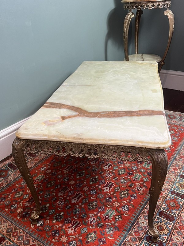 French Louis XVI Style Onyx Marble & Brass Filigree Ormolu Coffee/Centre Table gallery
