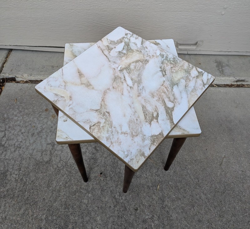 Vintage Pair of Mid Century Modern Square Faux Marble Formica Side Tables W27 gallery