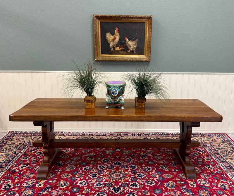 Antique French Country Farm Dining Table Farmhouse Trestle Base Oak 87"W gallery