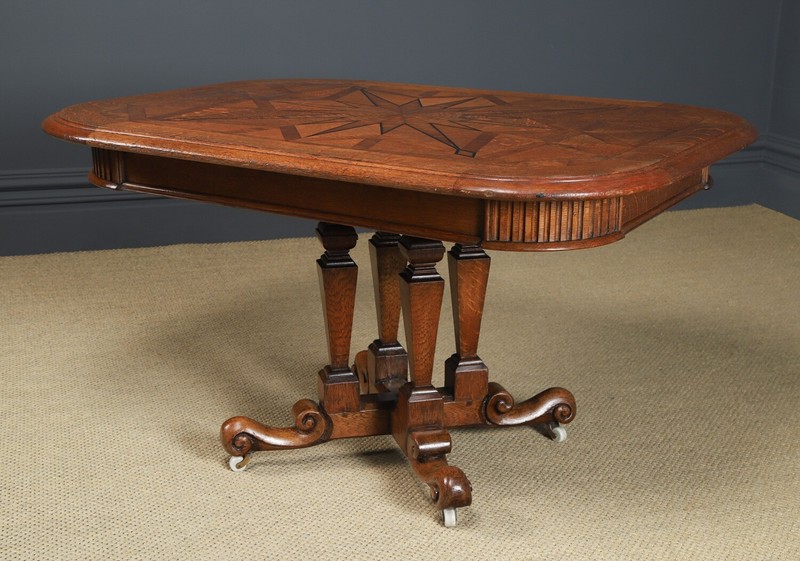 Antique Continental Victorian Oak Ebony Parquet Centre Loo Dining Table c. 1860 gallery