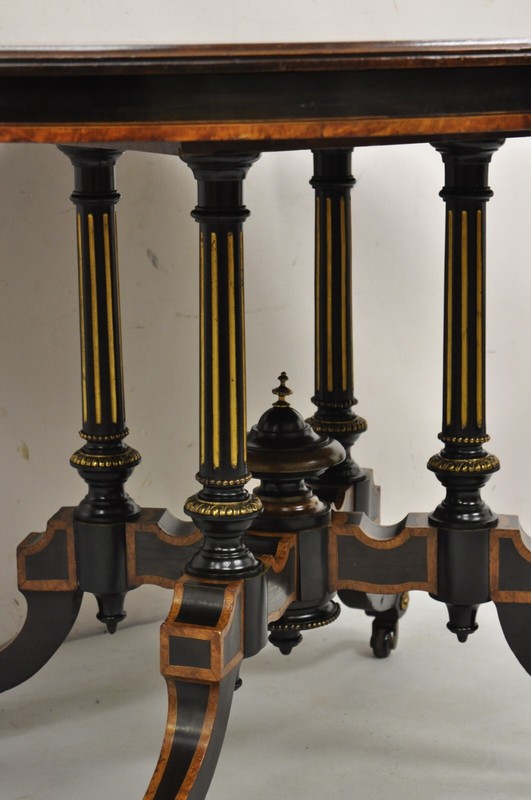 English Victorian Aesthetic Movement Ebony & Burr Walnut Oval Center Table gallery
