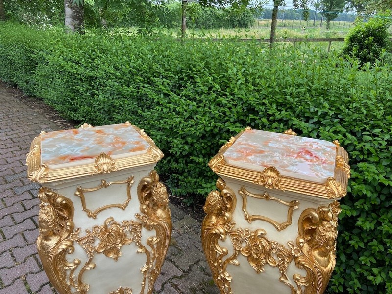 Pedestals Pair (2 pcs) Italian Baroque Cream Gold Marble Effect Display Stands gallery