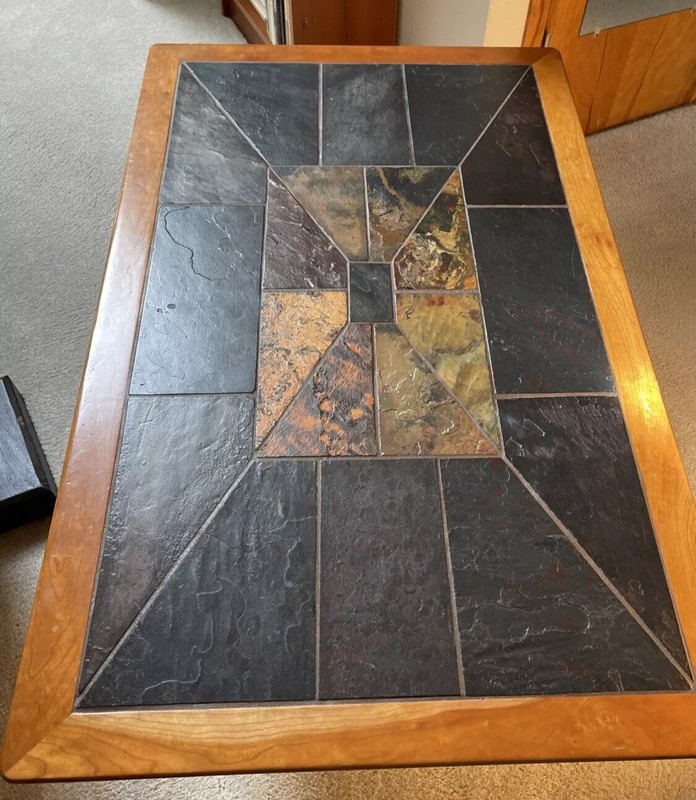 60’s Mid Century Modern Teak Walnut Original Custom Slate Inlays Coffee Table gallery