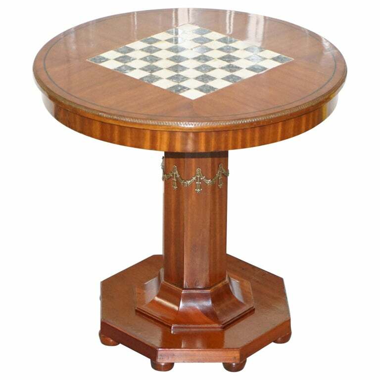 CIRCA 1900 FULLY RESTORED FRENCH EMPIRE MAHOGANY CHESS TABLE MARBLE ORMOLU MOUNT