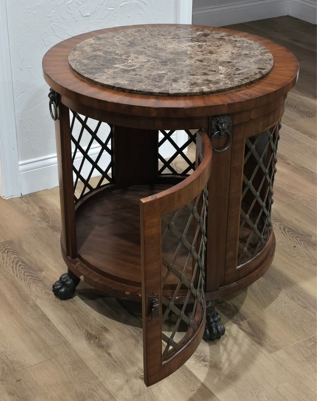 Drexel Heritage Marble Top Drum Table Vintage Round Accent Cabinet with Storage