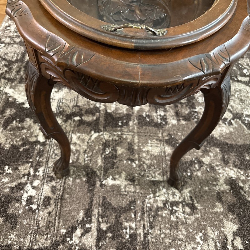 Antique Coffee Table CARVED Cherubs with Removable Glass Tray. Walnut. #722 gallery