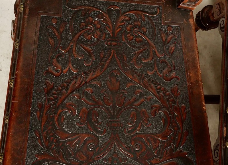 Spanish Revival Leather Embossed Carved Dining Chairs-Set of 6 gallery
