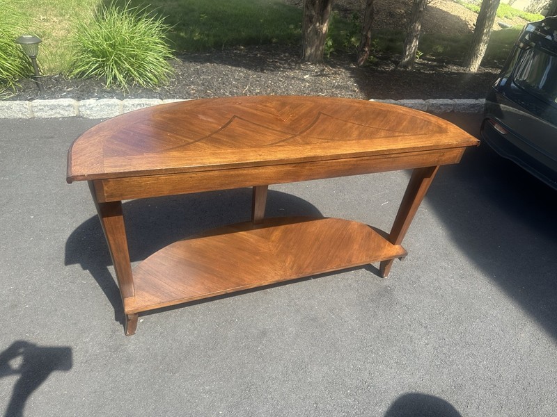 Vintage Mahogany Console Sofa Table 50” Inlaid Wood Top Lower Shelf Mid Century