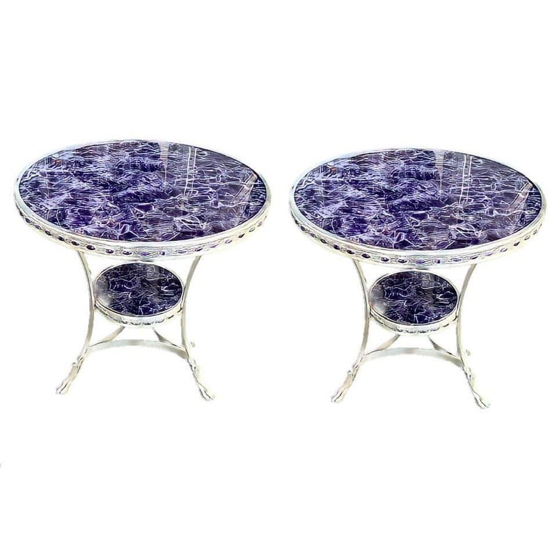 Pair of Amethyst Inlay Round Two Tier Gueridon Paw Feet Table