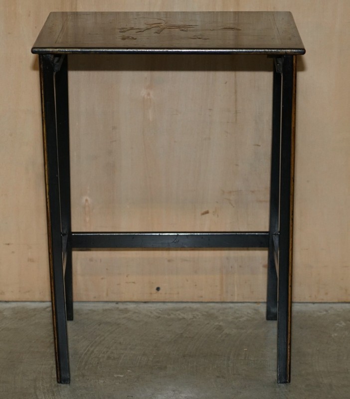 NEST OF THREE CIRCA 1900 CHINESE CHINOISERIE LACQURERED SIDE TABLES HAND PAINTED gallery