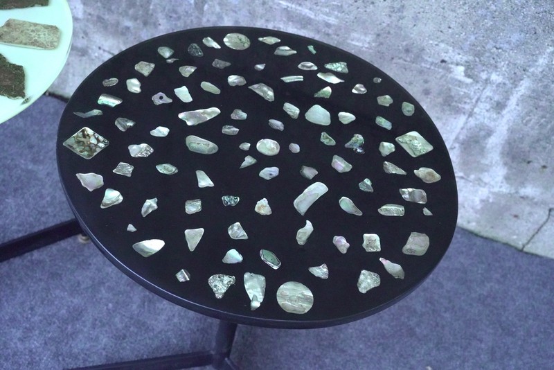 Mid Century Modern Stone Mother of Pearl Agate Resin Pedestal End Tables - 16" gallery