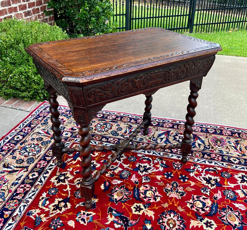 Antique French Parlor Table BARLEY TWIST Renaissance Revival CHERUBS Oak 19thC gallery