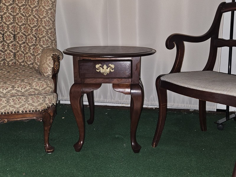 Refinished Vintage Queen Anne Round Wood Accent Table with Drawer Brass Handle gallery