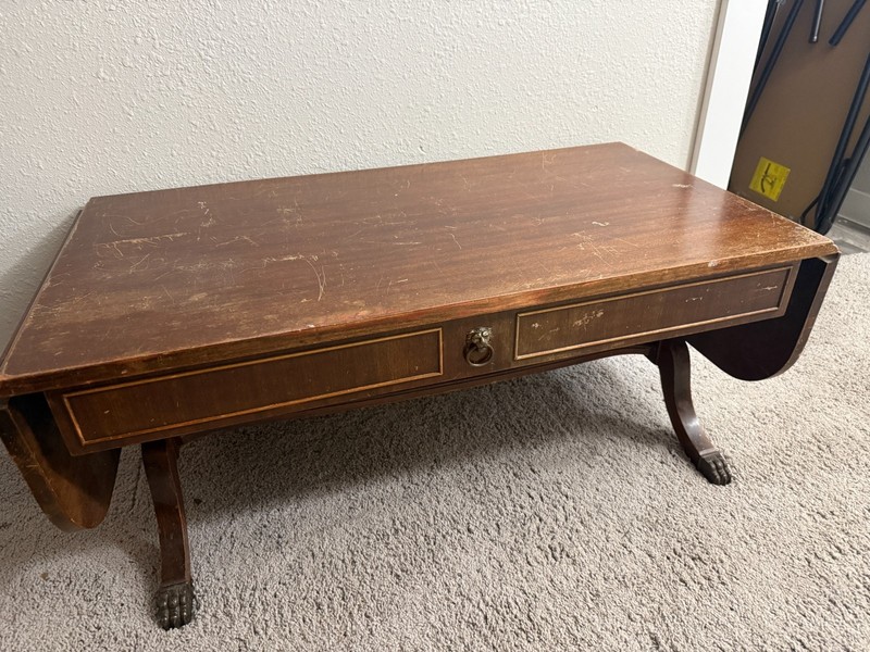 Antique ENGLISH 16th C Regency Style Rosewood Drop Leaf SOFA TABLE Brass Inlaid