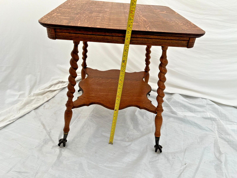 Antique Victorian Table bottom shelf Oak Barley Twist legs Glass Ball Claw feet gallery