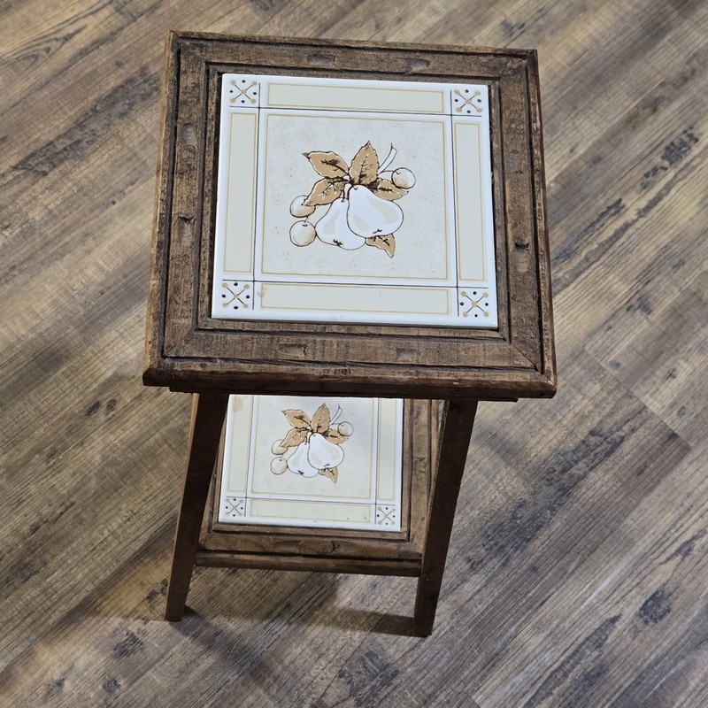 Vintage Plant Stand Side Table Ceramic Tiles French Fig & Pear, Hand Carved Wood gallery