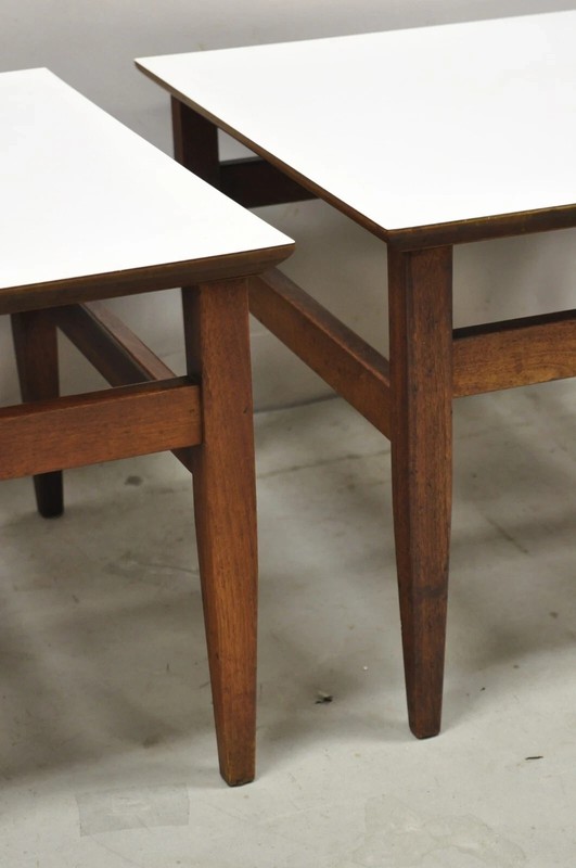 Vintage Mid Century Modern Walnut Base Laminate Top Low Side Tables - a Pair gallery