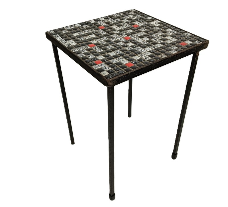 Vintage Small Side Table Funky Plant stand Mosaic tiles Checkered pattern Wroug gallery