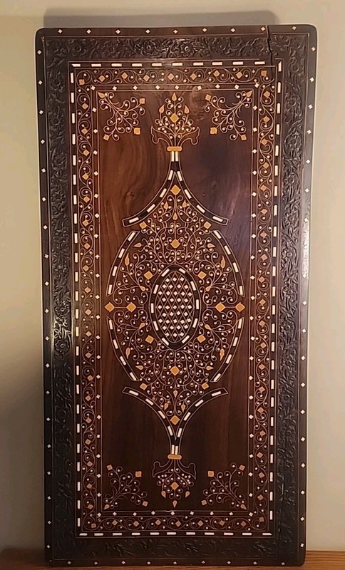 Antique Moroccan Carved Wood Table Top Brass Inlay Wall Decor 42″ x 21″