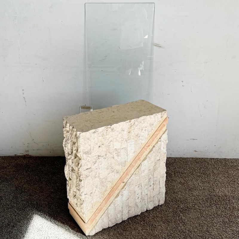 Postmodern Tessellated Pink and Beige Stone Glass Top Console Table gallery