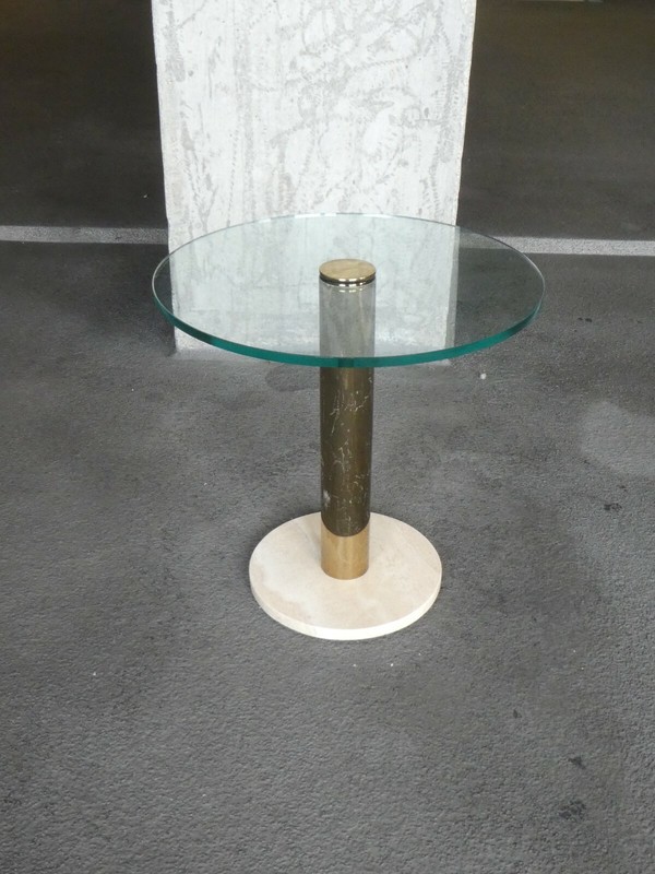1970’S BRASS AND GLASS SIDE TABLE ON A TRAVERTINE MARBLE BASE