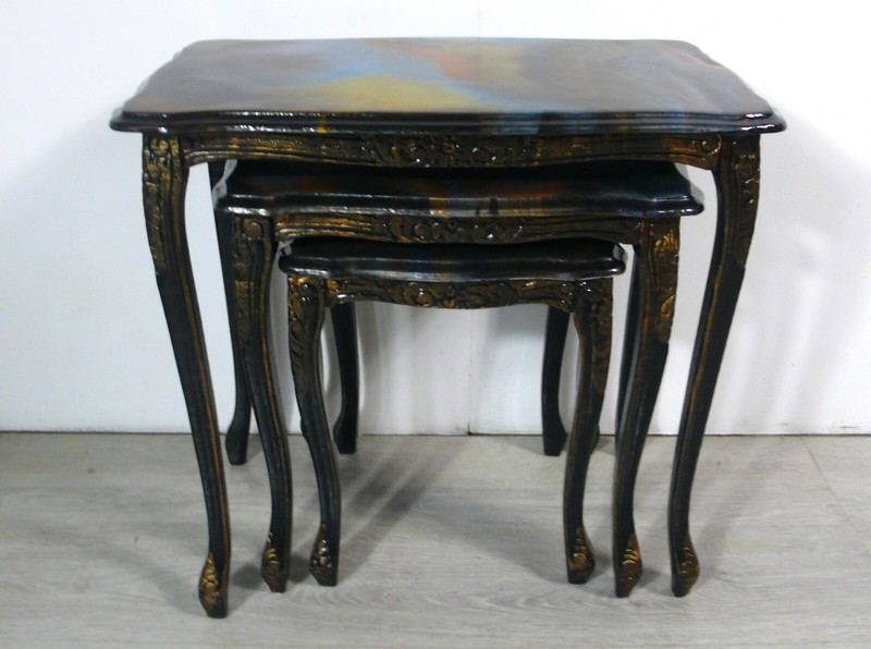 3 Nesting Tables Queen Ann Style, solid wood black marbled tops, 1930s Germany gallery