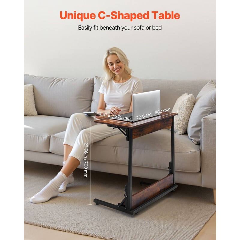 Uimoso C-Shaped Side Table with Metal Frame and Rolling Wheels/Adjustable Feet gallery