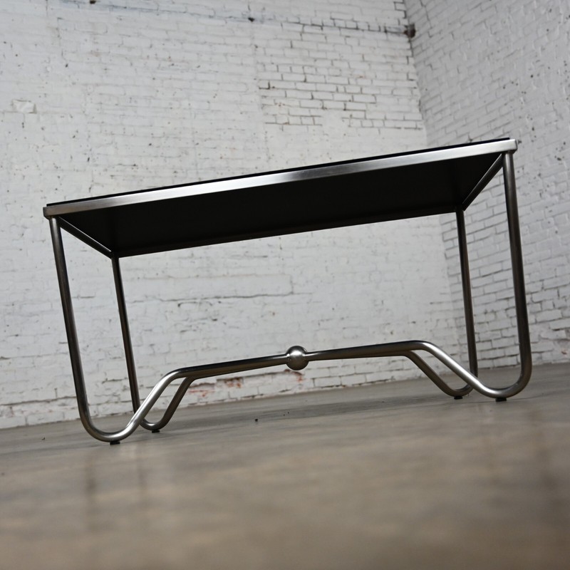 Late 20th Century Modern Brushed Steel Tube Coffee Table with Removeable Black G gallery