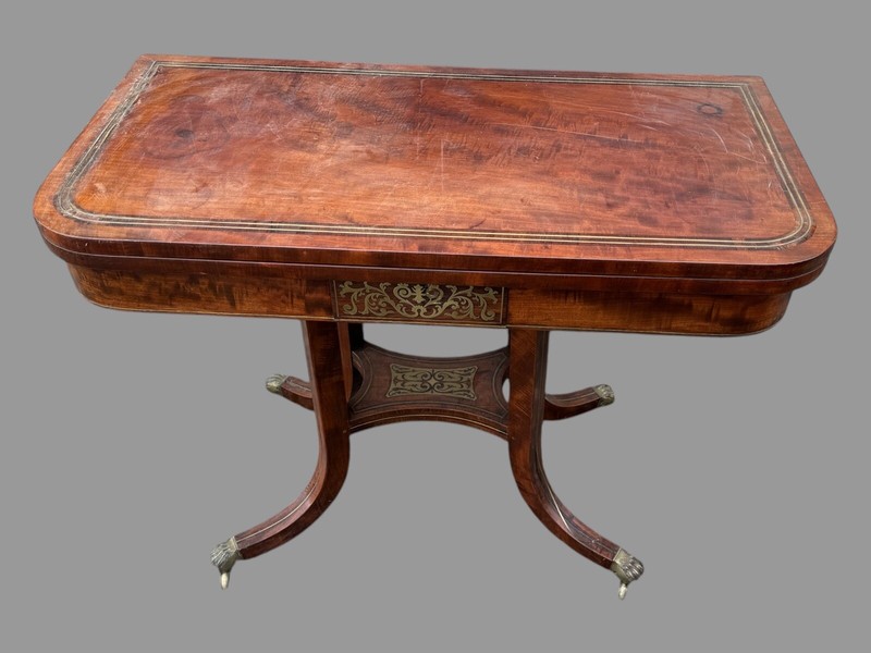 Antique English Regency Mahogany Game Table w Brass Inlay