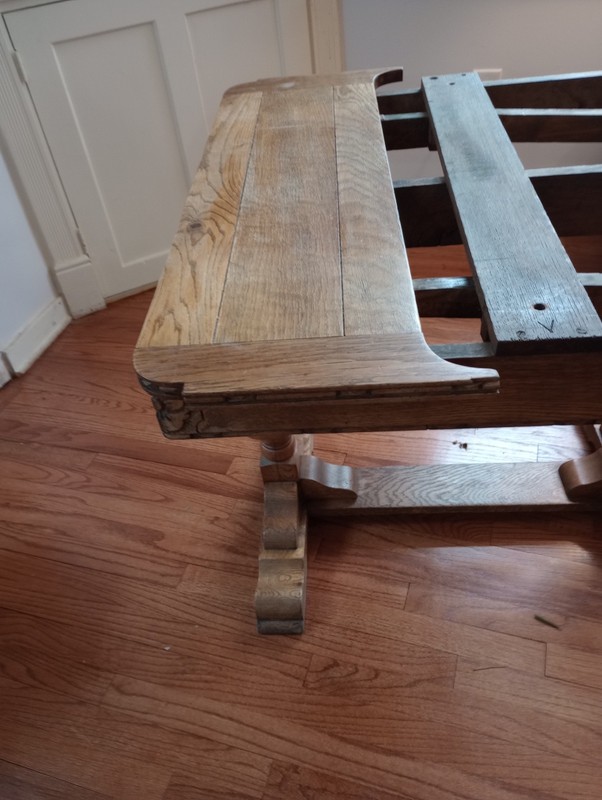 Antique Draw Leaf Quarter Cut Tiger Oak Trestle Ornate Base 4Chairs Table Set gallery