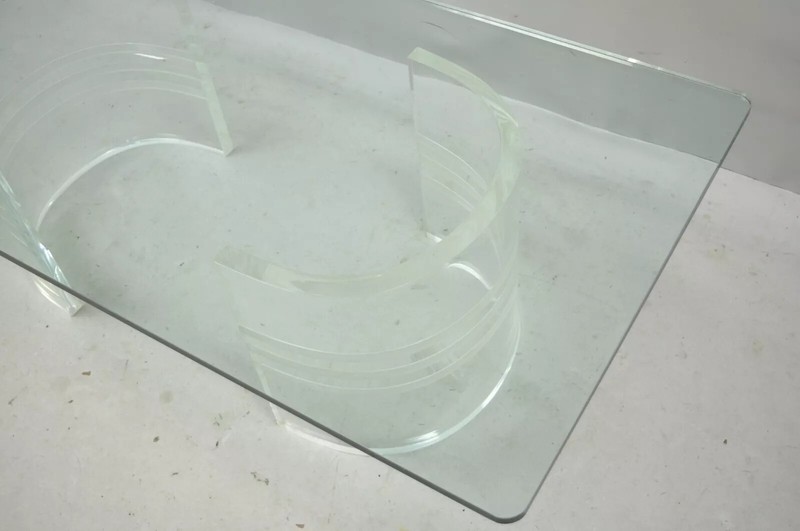 Mid Century Modern Curved Lucite Double Pedestal Rectangular Glass Coffee Table gallery