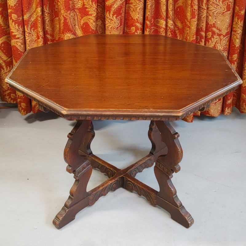 Antique Octagon Wood Center Table Carved Walnut Jacobean Renaissance Card Game gallery